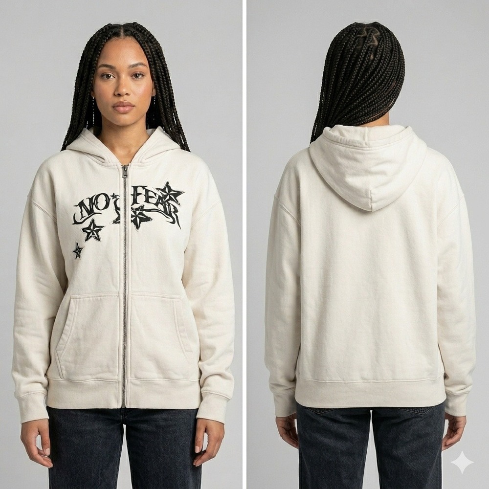 No Fear Hoodie Women Cream Graphic‎ Zip Up Y2K Star Fleece Sweatshirt Small